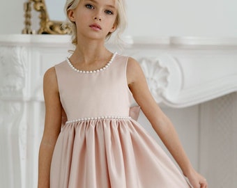 Junior bridesmaid dress, Flower girl dress satin, Baby wedding dress, Simple flower girl dress,Princess dress,Girl dress with bow,Tutu dress