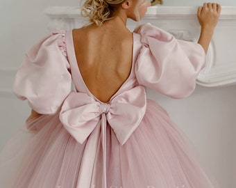Dusty rose flower girl dress, Girl ball gown, Junior bridesmaid dress, Satin toddler dress, Tulle flower girl dress, Flower girl dress bow