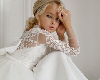 First Communion Dress Girl Wedding Dress Lace Flower Girl Dress Tutu Dress tulle Flower Girl Dress toddler Satin Dress girl Dress Sleeves Etsy