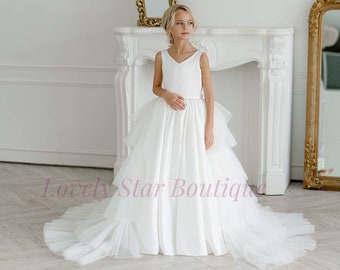 Blumenmädchen Kleid Schleppe, Tutu Kleid, Tüll Blumenmädchen Kleid, Satin Kleid für Kleinkinder, Rustikales Blumenmädchenkleid, Weißes Blumenmädchenkleid, Ballkleid