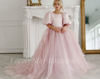 Vestido de novia para niños pequeños, vestido de tutú, vestido de niña de flores de tul, vestido de niña de flores de marfil, vestido de comunión, vestido de primer cumpleaños, vestido de bola de niña