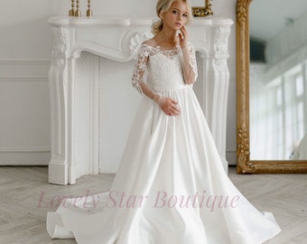 Vestido de niña de flores de satén, vestido de niña de tutú, vestido de niña de flores de tul, vestido de comunión sagrada, vestido de niña blanca, vestido de encaje de bebé, vestido de novia de niña