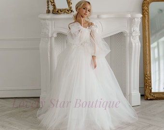 Vestido de niña de flores de princesa, vestido de encaje de niñas, vestido de niña de flores de tul, vestido de novia para niños pequeños, vestido de niña, vestido de encaje blanco, vestido de niña boho