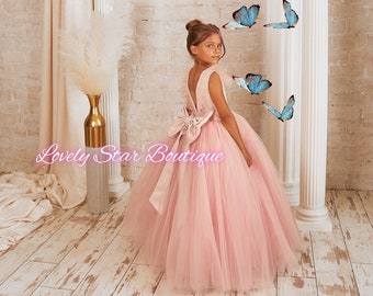 Robe de fille à fleurs blush, robe de fille à fleurs de tulle, robe de tutu, robe de demoiselle d’honneur junior, robe de fille à fleurs, robe de fête de fille, robe de bal de fille