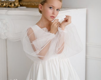 Satin dress for toddler Tutu dress Long sleeve flower girl dress Girl wedding dress Girl dress with train Ivory flower girl dress Baby gown