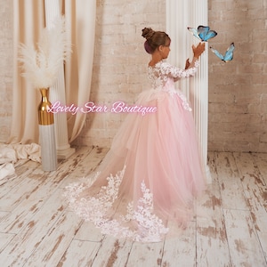 Lace flower girl dress, Tutu girl dress,Tulle flower girl dress,First communion dress,White flower girl dress,Flower girl dress with sleeves