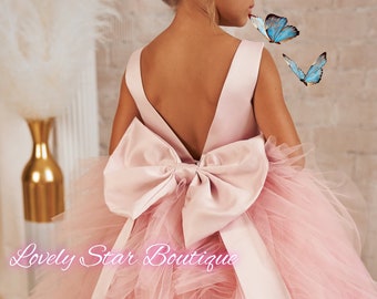 Blush toddler dress, Tulle flower girl dress, Junior bridesmaid dress, Satin dress for girls, Girl party dress, Princess flower girl dress