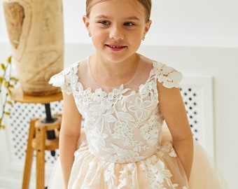 Beach flower girl dress,Long tutu flower girl dress,Lace and tulle flower girl dress,Ivory flower girl dress,Baby girl dress,Communion dress