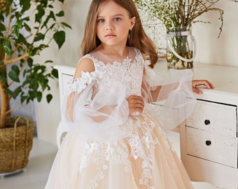 Lace flower girl dress, Princess flower girl dress,Tulle tutu flower girl dress,Flower girl dress sleeves,Baby girl dress,Girl wedding dress