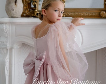 Blush flower girl dress, Satin dress for girls, Girl wedding dress, Boho flower girl dress, Tulle flower girl dress, Birthday girl dress