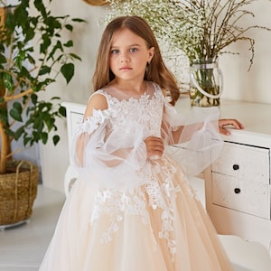 Lace flower girl dress, Princess flower girl dress,Tulle tutu flower girl dress,Flower girl dress sleeves,Baby girl dress,Girl wedding dress