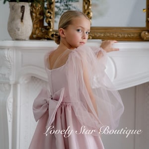 Blush flower girl dress, Satin dress for girls, Girl wedding dress, Boho flower girl dress, Tulle flower girl dress, Birthday girl dress