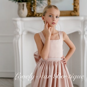 Satin flower girl dress, Girl wedding dress, Pearl flower girl dress, Long girls dresses, Ivory flower girl dress, Rustic flower girl dress