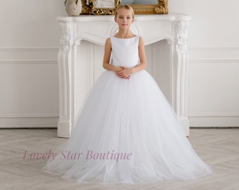 Satin Kleid, Tutu Kleid, Tüll Blumenmädchen Kleid, Prinzessin Kleid, Junior Brautjungfernkleid, Blumenmädchenkleid ivory, Ärmelloses Kleid