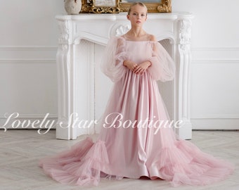 long sleeve heart back flower girl dress Handmade long sleeved ankle length sparkly minimalist tulle heart back flower girl tutu dress