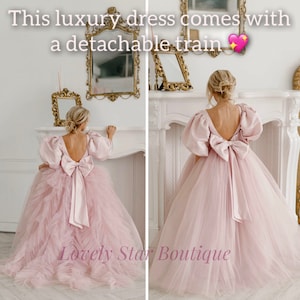 Pink baby dress, Toddler train dress, Tutu dress, Girl wedding dress, Satin flower girl dress, Tulle flower girl dress, Baby dress birthday
