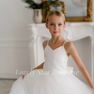 Girl ball gown Tulle flower girl dress Dress with pearls Junior bridesmaid dress Satin flower girl dress Boho flower girl dress Baby dress