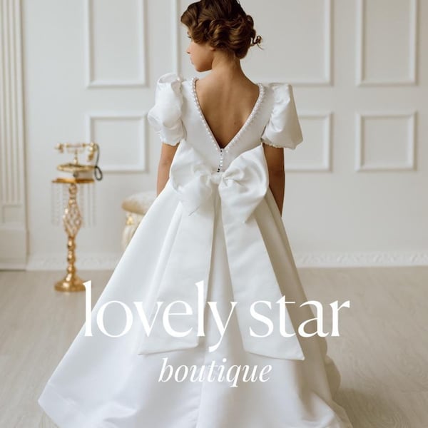 Pearl flower girl dress,Holy communion dress,Special event dress,Girl party dress,Satin flower girl dress,Toddler dress,Dress with bow girls