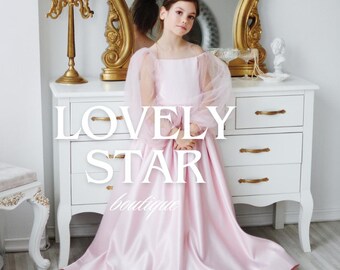 Dusty rose flower girl dress,Satin flower girl dress,Junior bridesmaid dress,Rustic flower girl dress,Tulle girl dress,Girl ball gown