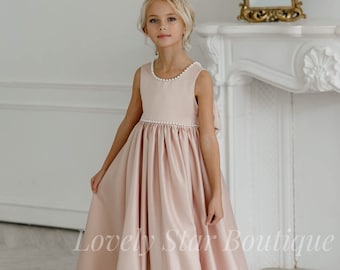 Satin flower girl dress, Pearl toddler dress, Junior bridesmaid dress, Ivory flower girl dress, Baby girl dress, Girl birthday dress