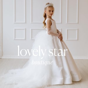 Satin flower girl dress, Dress with pearls, Dress with train,Girl wedding dress,First communion dress,Tulle girl dress,Toddler dress