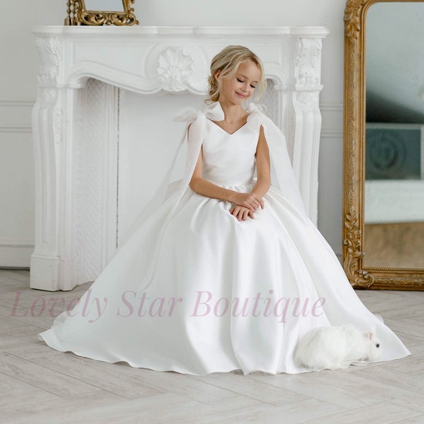 Satin flower girl dress,Girl wedding dress,Ivory flower girl dress,Toddler girl dress,Junior bridesmaid dress,Communion dress,Girl ball gown