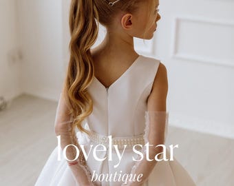 Erstkommunion Kleid, Ivory Satin Blumenmädchen Kleid, Kleid für besondere Anlässe, Mädchen Hochzeitskleid, Kleinkind Kleid mit Schleppe, Party Kleid Mädchen