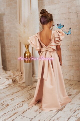 Hedmy Abito Da Cerimonia Bambina Champagne 152 Cm - Vestito Lungo In Chiffon E Pizzo Per Damigella