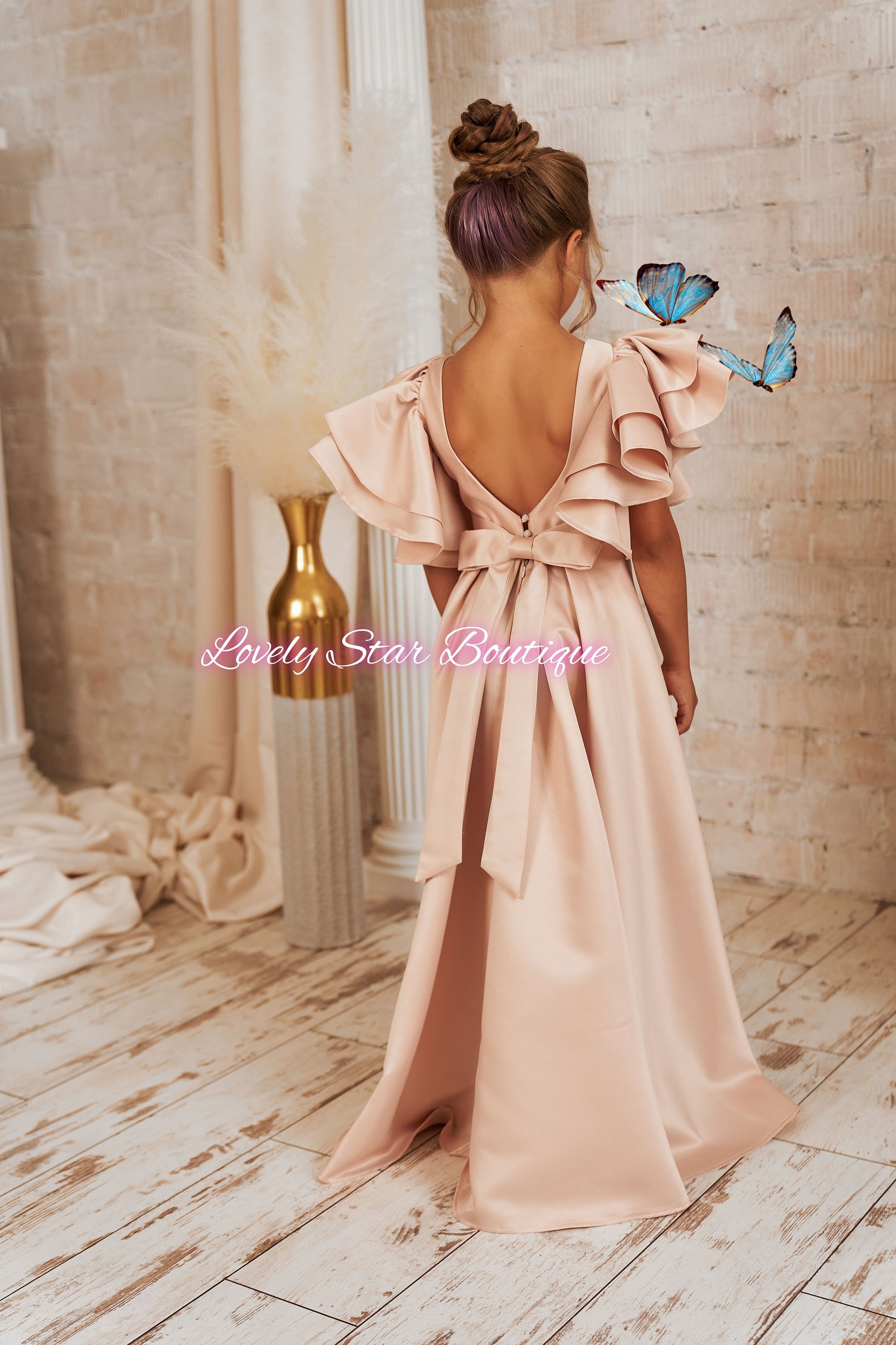 Hedmy Abito Da Cerimonia Bambina Champagne 152 Cm - Vestito Lungo In Chiffon E Pizzo Per Damigella