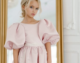 Blumenmädchen Kleid, Blumenmädchenkleid, Blumenmädchenkleid, Rosa Babykleid, Blumenmädchenkleid Satin, Teelanges Mädchenkleid, Ivory Blumenmädchenkleid