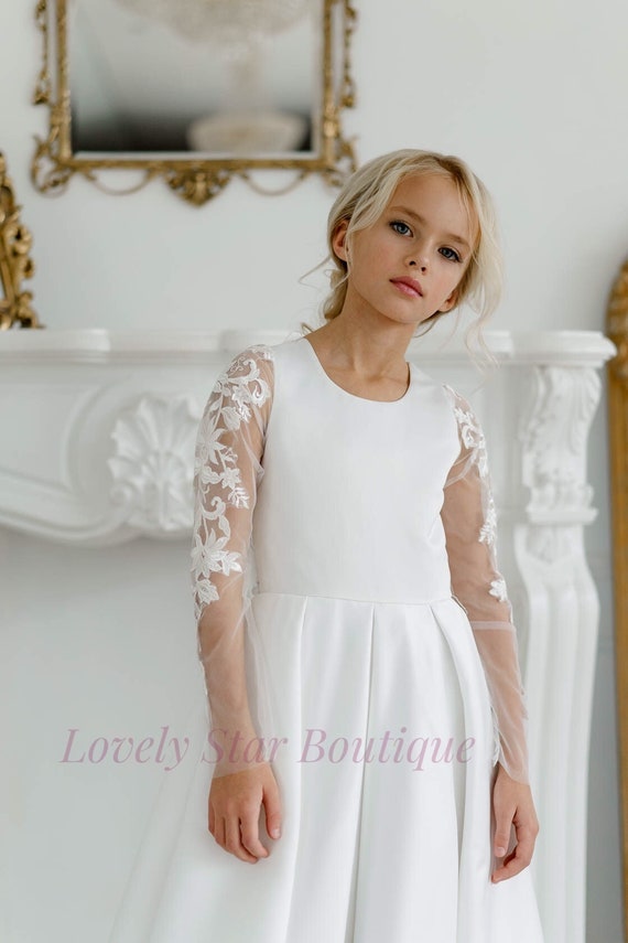 Flower Girl Dress Long Sleeve, Satin Girl Dress, Lace Flower Girl Dress,  Junior Bridesmaid Dress, Toddler Wedding Dress,princess Girls Dress - Etsy