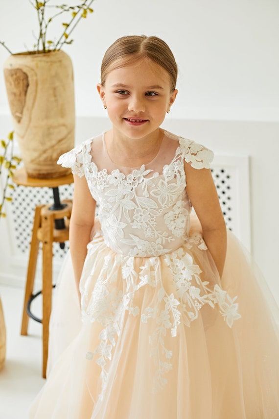 Beach flower girl dress,Long tutu flower girl dress,Lace and tulle flower girl dress,Ivory flower girl dress,Baby girl dress,Communion dress