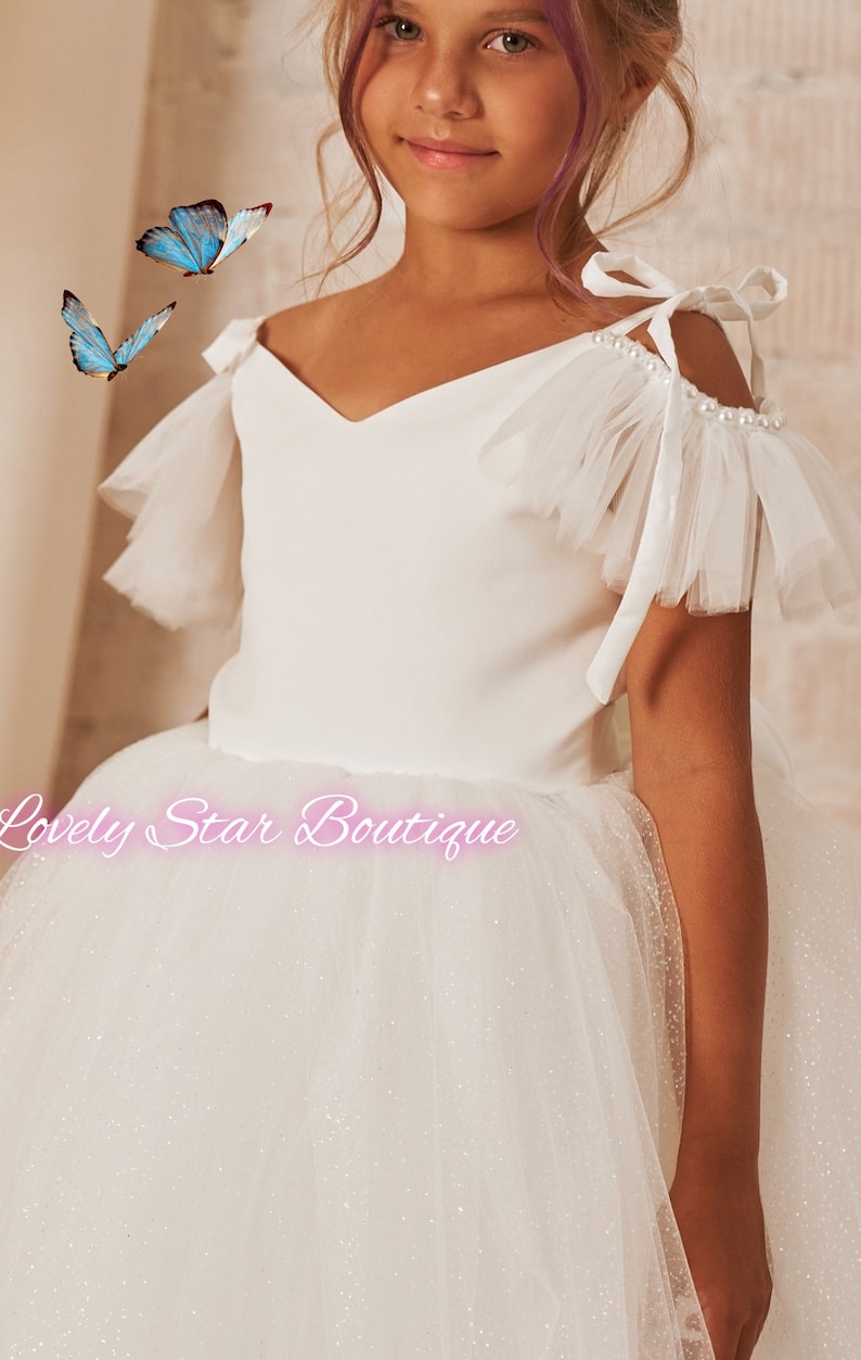 Junior bridesmaid dress,Tulle girls dress,Tutu dress,Satin girl dresses,Girl ball gown,Glitter tulle dress,Pearl girl dress,Toddler dress zdjęcie 8