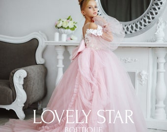 Pink girl dress Lace flower girl dress Girl ball gown Flower girl dress train Tulle flower girl dress Girl long dress First communion dress