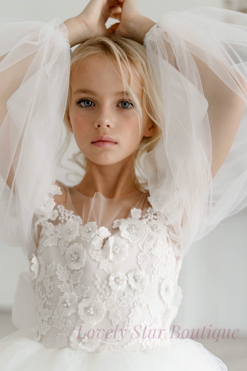 Vestido de niña de flores de encaje, vestido de tutú, vestido de niña de tul, vestido de niña de flores de manga larga, vestido de novia de niña, vestido de niña de flores rústico, vestido de baile de niña imagen 6