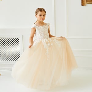 Lace and tulle flower girl dress,White girl dress,Flower girl dress train,Princess flower girl dress,Baby girl dress,Sparkle dress for girls