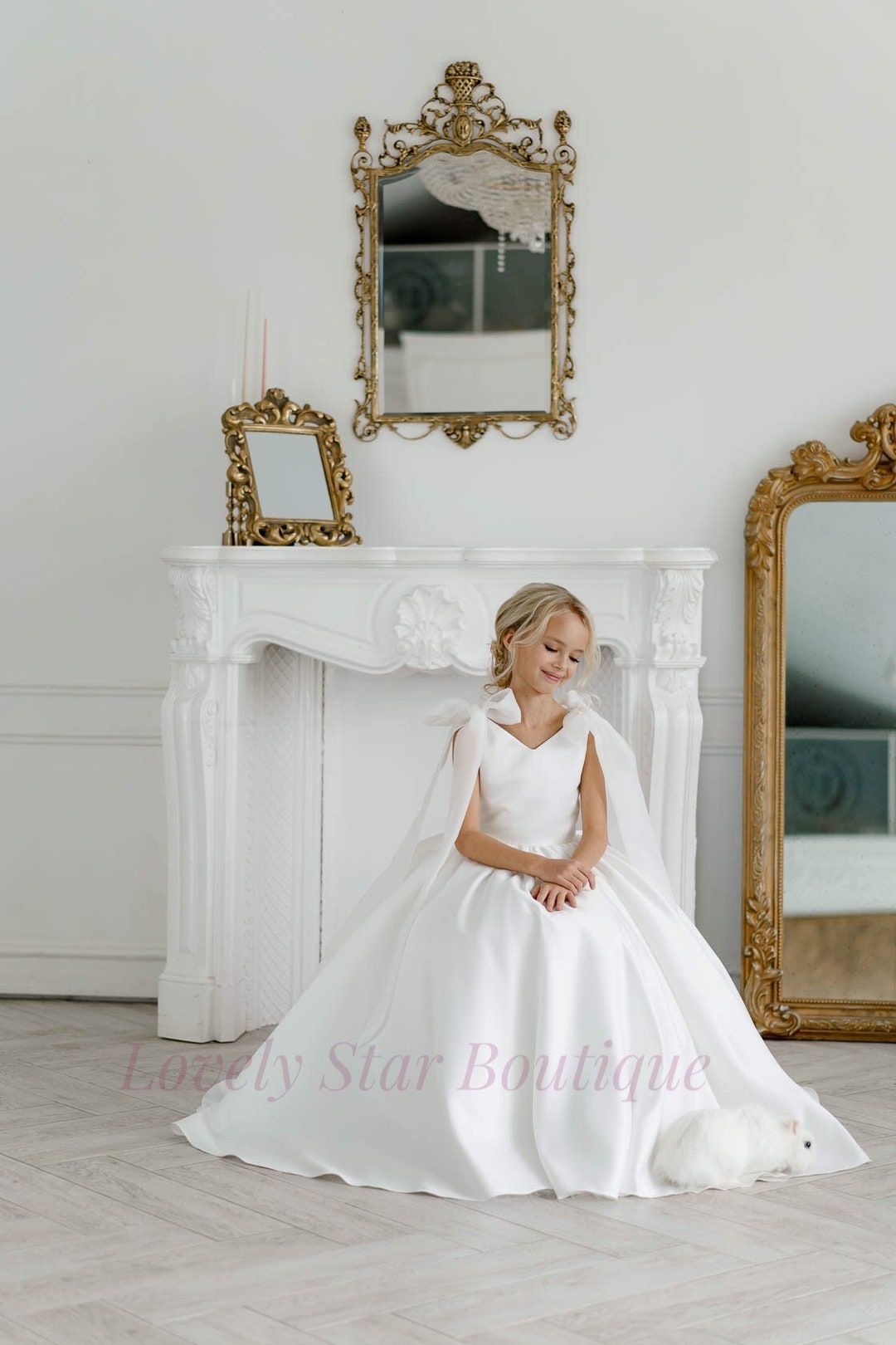 A-line Satin Flower Girl Dress with Sequins and Bow - White
