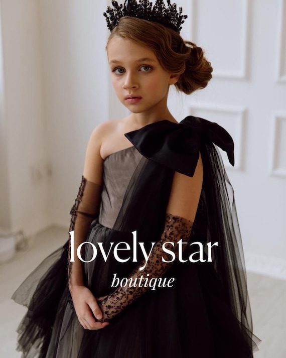 Girl wedding dress,One shoulder dress,Black dress for girl,Dress with train,Flower Girl dress teen,Mini bride dress,Girl birthday dress