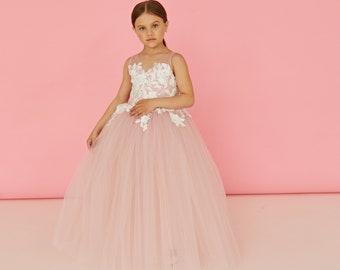 Flower Girl Dress Dusty Rose Lace Flower Girl Dress Girl ball Gown Toddler Wedding Dress  Ivory Girl Dress Flower Girl Dress Tutu