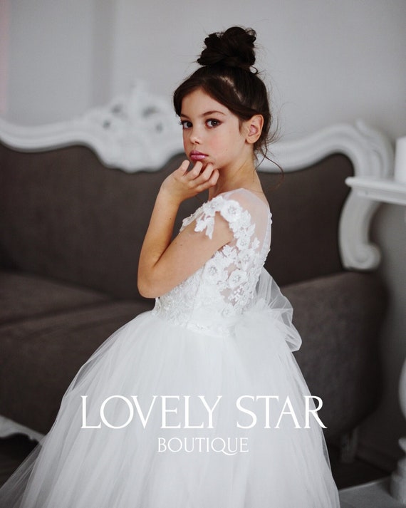 white lace tutu dress Tutu Dress,lace Flower Girl Dress,tulle Flower Girl Dress,girl Wedding Dress,ivory  Toddler Dress,first Communion Dress,baby Girl Dress