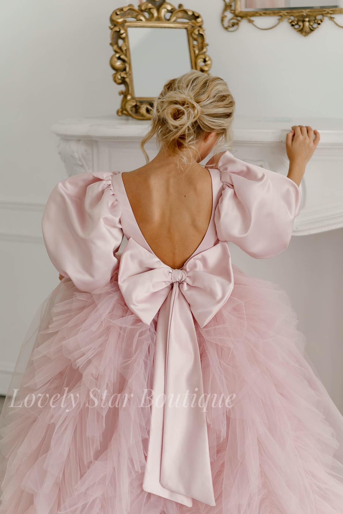 Dusty rose flower girl dress, girl ball gown, Junior bridesmaid dress, Satin toddler dress, Tulle flower girl dress, flower girl dress bow