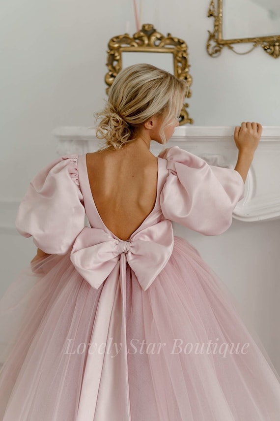 Dusty rose flower girl dress, girl ball gown, Junior bridesmaid dress, Satin toddler dress, Tulle flower girl dress, flower girl dress bow