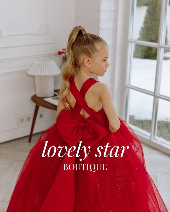 open lace back dress Ball Gown Red Sequin Lace Tulle Hi-Low Wedding Flower Girl Dress
