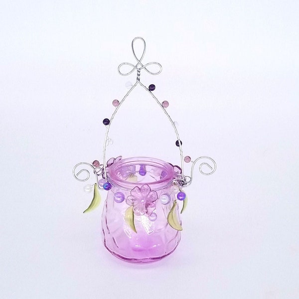 Purple Glass Hanging Candleholder with Beads and Flowers|Floral Home Decor|Shabby Chic Candle Holder|Floral Bedroom Decor|Fairy Candle|Home