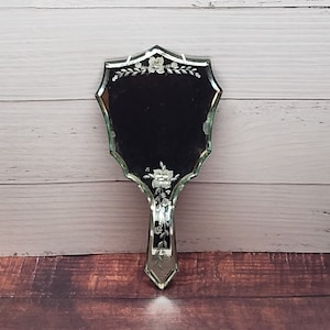 Antique French Boudoir Hand Mirror|Handheld Make Up Mirror|Etched Floral Pattern|Modern Farmhouse| Vintage Hair Mirror|Bathroom Decor|Home