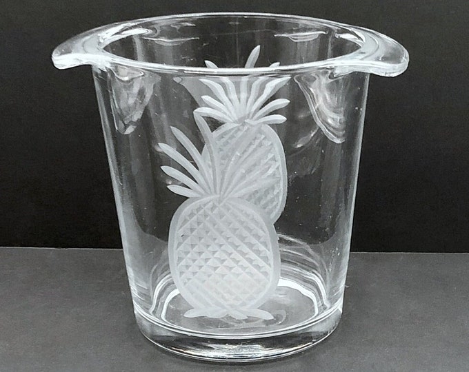 Vintage Glass Ice Bucket With Handles and Etched Pineapplesbarwarebar