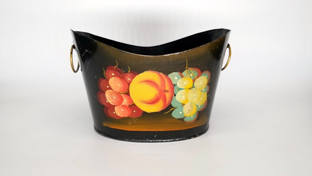 Painted Tin Bucket With Brass Handleshandpainted Fruit Metal Etsy