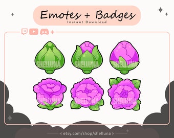 Flower Emotes and Badges (Violet) | Twitch Emotes | Twitch Sub Badges | Discord | Kawaii | Plant | Spring | Stream Icons