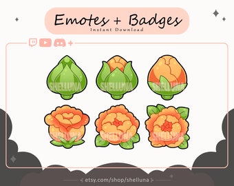 Flower Emotes and Badges (Orange) | Twitch Emotes | Twitch Sub Badges | Discord | Kawaii | Plant | Spring | Stream Icons