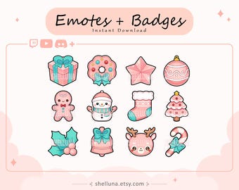 Pink Christmas Emotes and Badges | Twitch Emotes | Twitch Badges | Discord Emotes | Holiday Emotes | Kawaii | Streamer Badges